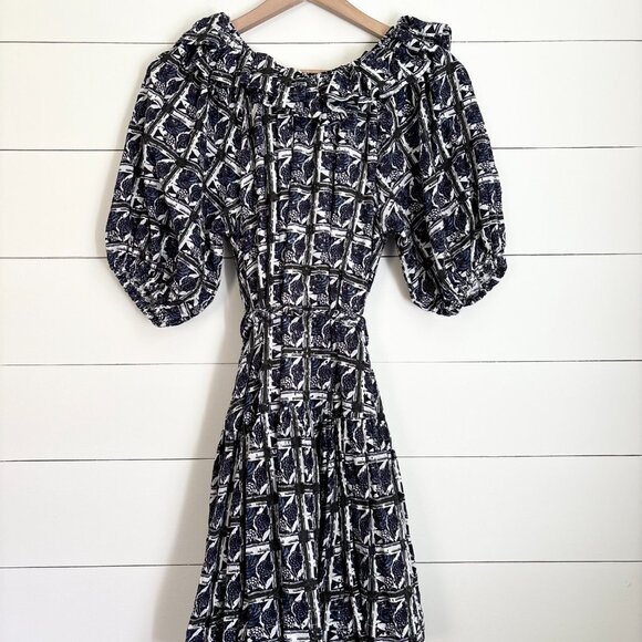 Oliphant navy and white dress with ruffle collar and bubble sleeves - Picture 3 of 6